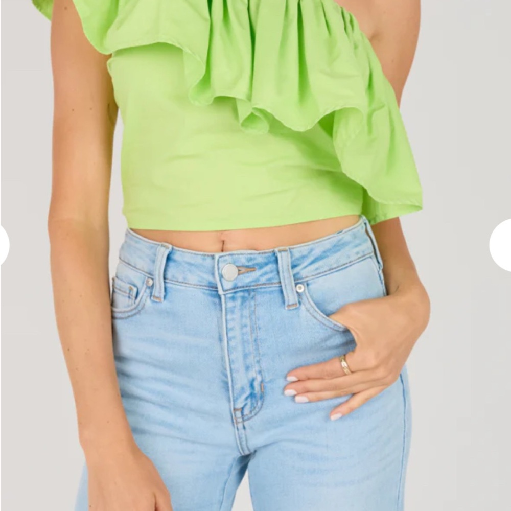 Vestique Green Ruffled Asymmetrical Crop Top